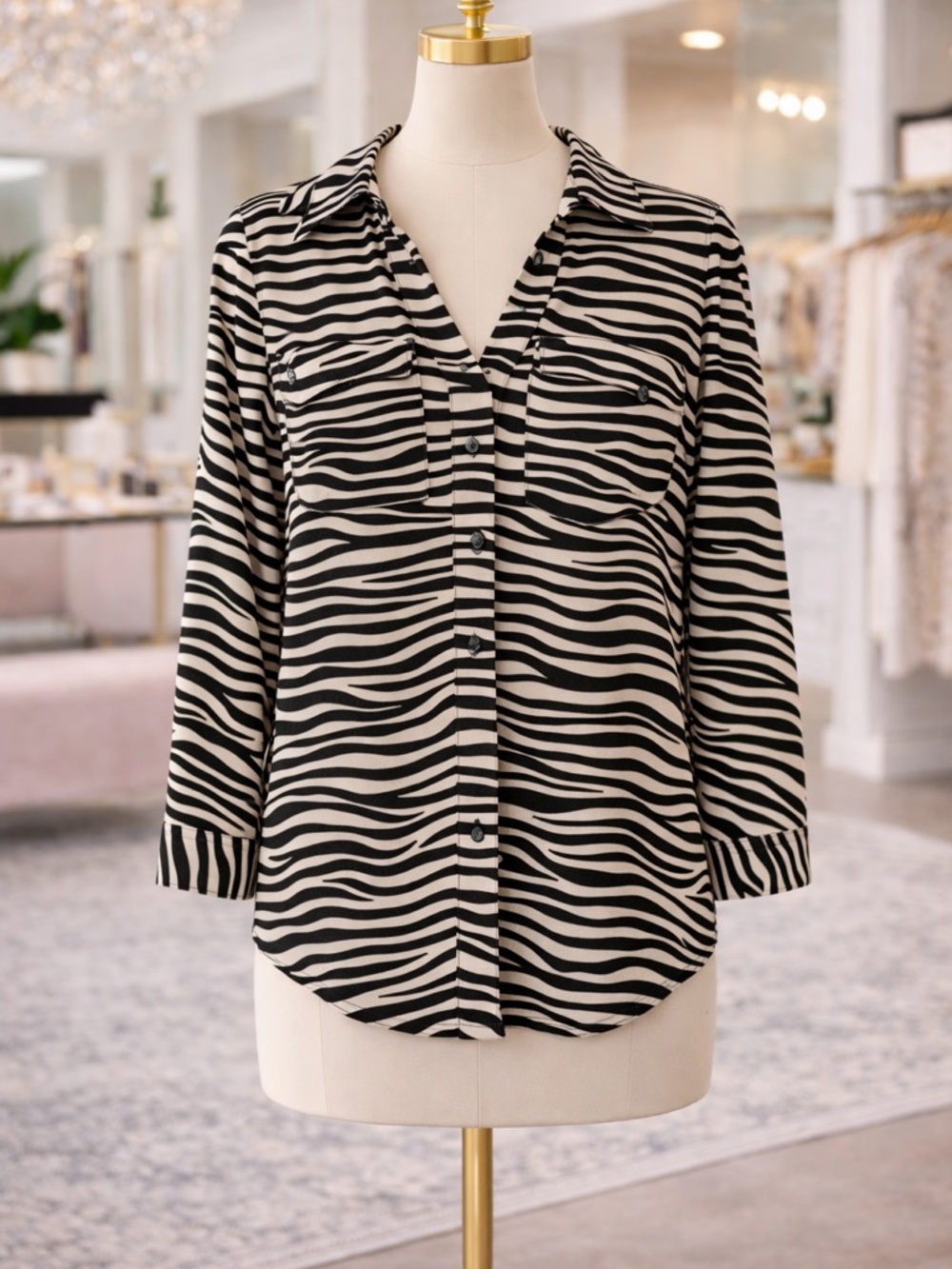 Ann Taylor Zebra Print Blouse Petite MP Button Front Long Sleeve